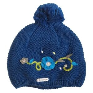 GIESSWEIN RARE Blue Knit Wool Pom Pom Slouchy Embroidered Rhinestone Floral Hat